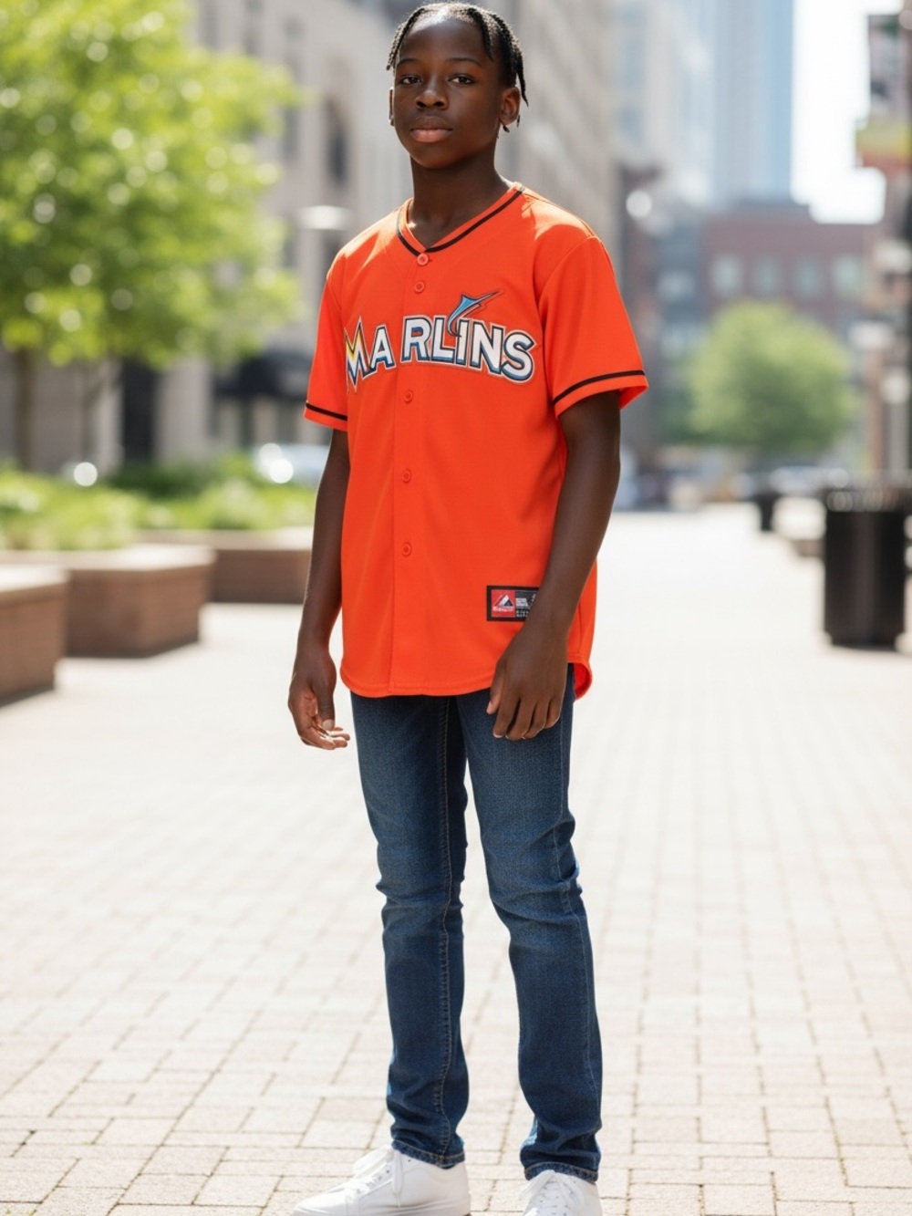 Official MLB Marlins Orange Kids Baseball Jersey Signed by Billy the Marlin YM
